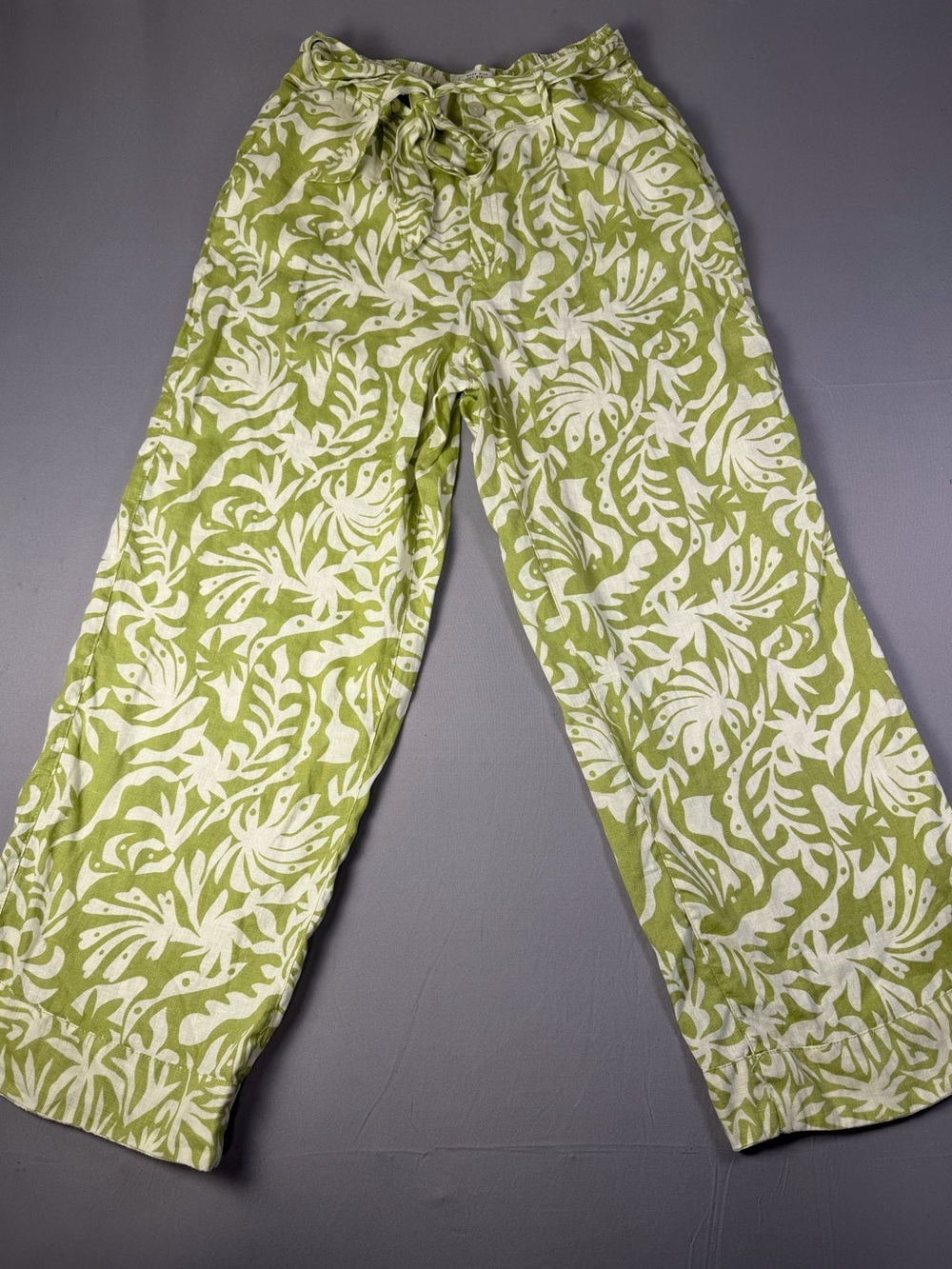 100% Linen Rachel Zoe Green and White Tropical Palm Print Wide-Leg Pants Size M - Picture 3 of 13
